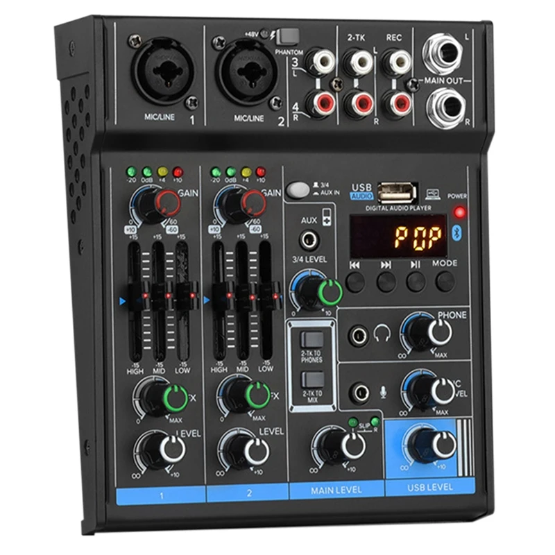 

4 Channel USB Bluetooth +48V Power Stereo Sound Card Audio Mixer Sound Board Console Desk System Interface (US Plug)