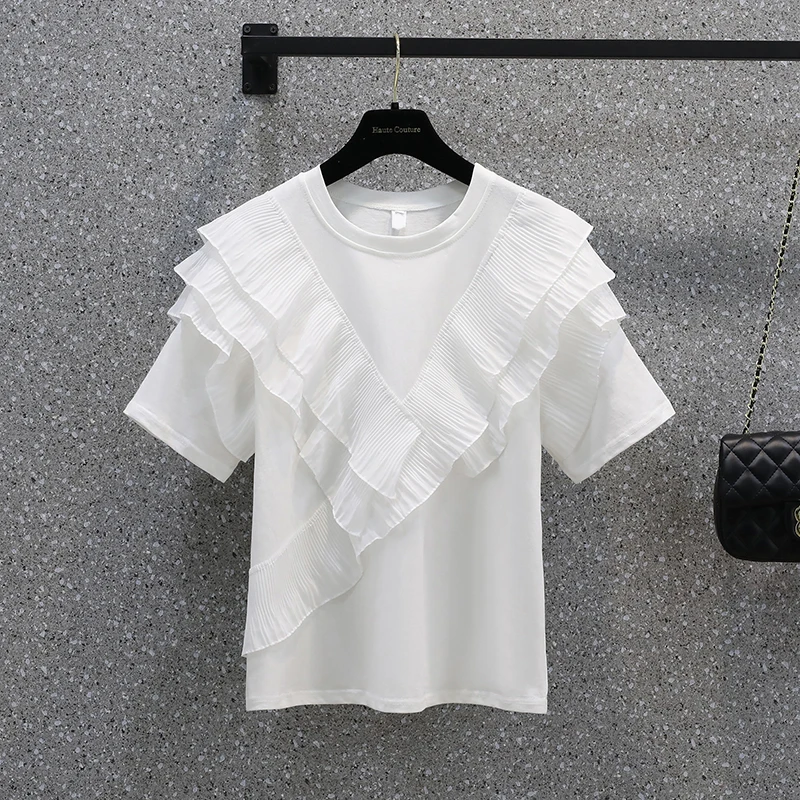 

SuperAen 2022 летняя новая свободная Лоскутная однотонная тонкая шифоновая футболка с круглым вырезом для женщин