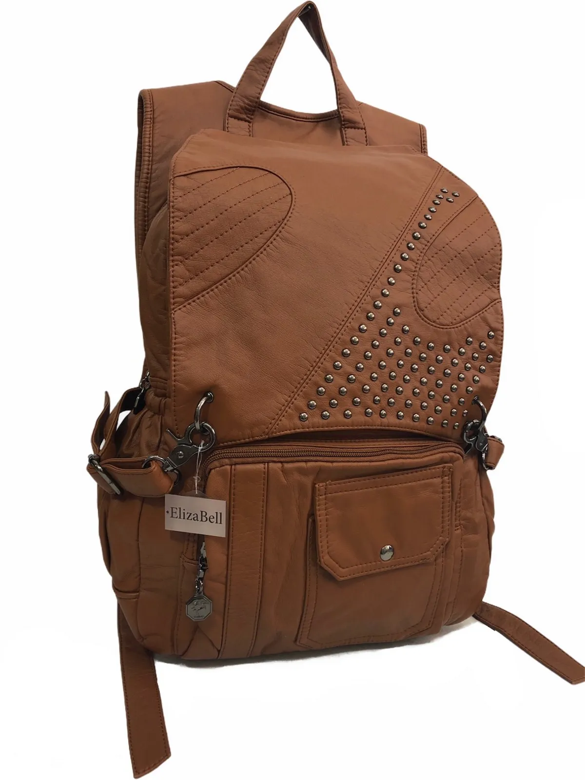 

Big bag washed leather backpack clamshell staples size 42 cm32cm Tan