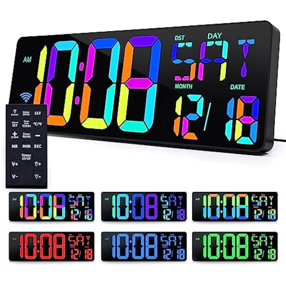 

Цифровые настенные часы TXL с большим дисплеем, настенные часы 16,5 дюйма, настенные часы с изменением цвета RGB, часы с таймером с обратным отсчетом и дистанционным управлением