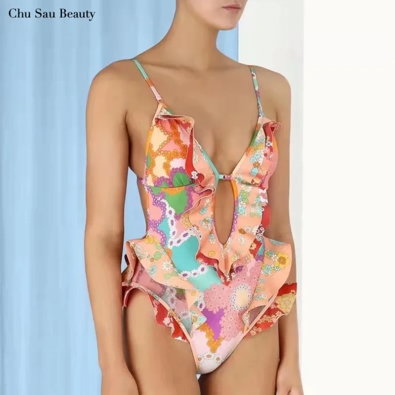 

2022 New Women Printed Bodysuit Sexy Spaghetti Strap Backless Beachwear Fashionable Slim Fit and Thin Holiday Style