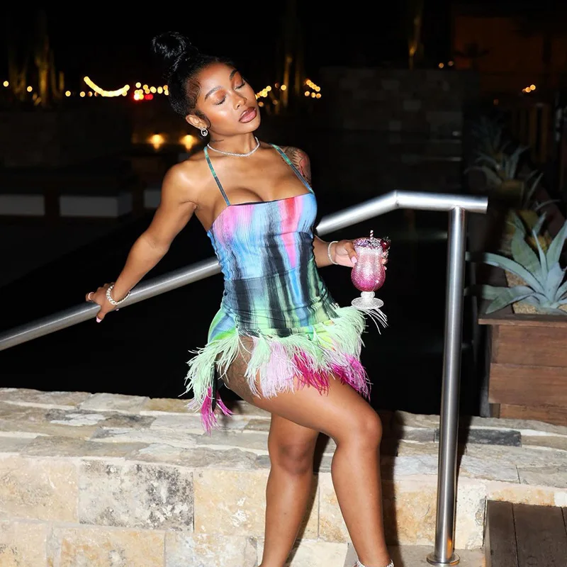 

Женское облегающее мини-платье на бретелях-спагетти, с бахромой