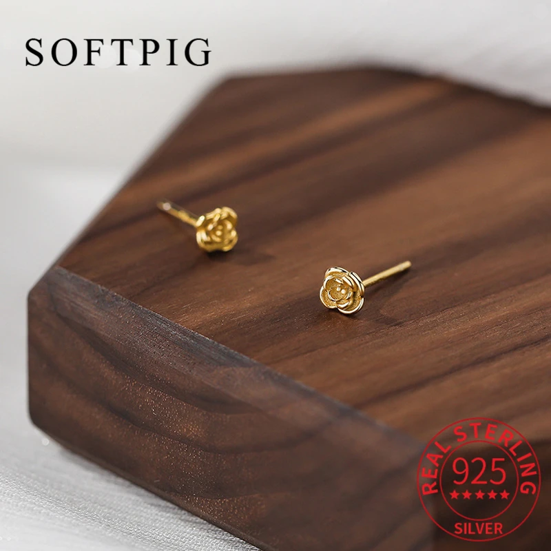 

SOFTPIG Real 925 Sterling Silver 18K Gold Flower Stud Earrings For Fashion Women Party OL Fine Jewelry Minimalist Accessories