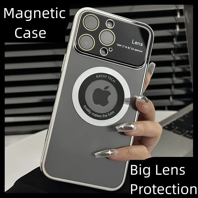 Magnetic Plating Transparent PC Full Camera Cover for iPhone 14 Pro Max 14 Plus 13 12 Pro Clear Phone Case With Lens Protector