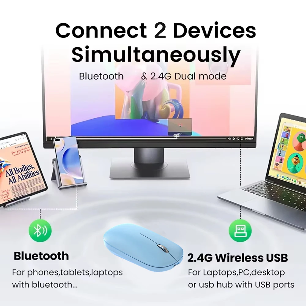 Фото Беспроводная мышь 2,4G, Bluetooth-мышь, двухрежимная перезаряжаемая мышь, игровые мыши, офисная бесшумная кнопочная мышь для ПК, ноутбука, планшета №3