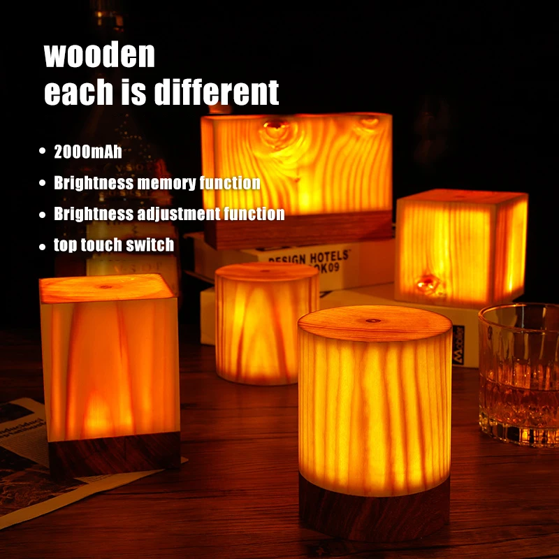 

LED Night Lights Natural Wood Products Camping Bar Cafe USB Rechargeable Touch Switch Bedroom Decoration Lamp Night Light