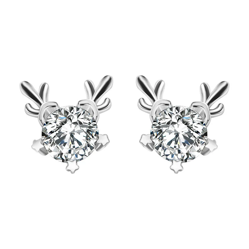 

New Ladies 925 Sterling Silver Stud Earrings Cute Antlers Star Inlaid Zircon Fashion Jewelry Couple Holiday Gifts