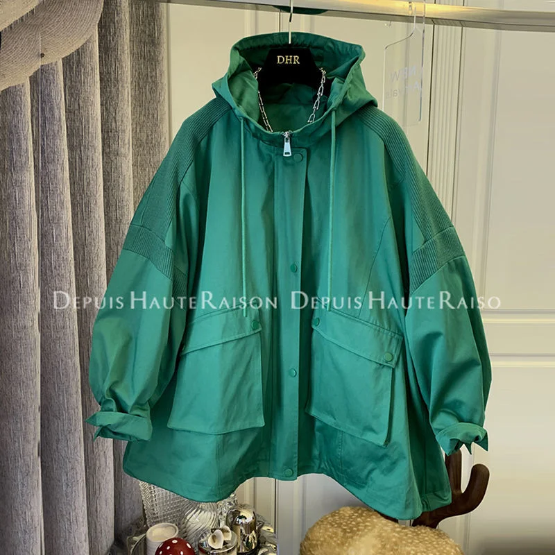 

SuperAen Open Line Retro Tooling Hooded Long Windbreaker Solid Jackets for Women 2022 Spring Clothes