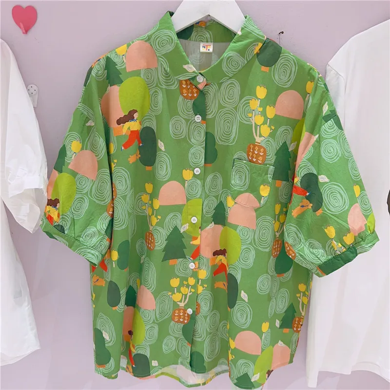 Новинка Свободная рубашка в гонконгском ретро-стиле с мультяшным принтом