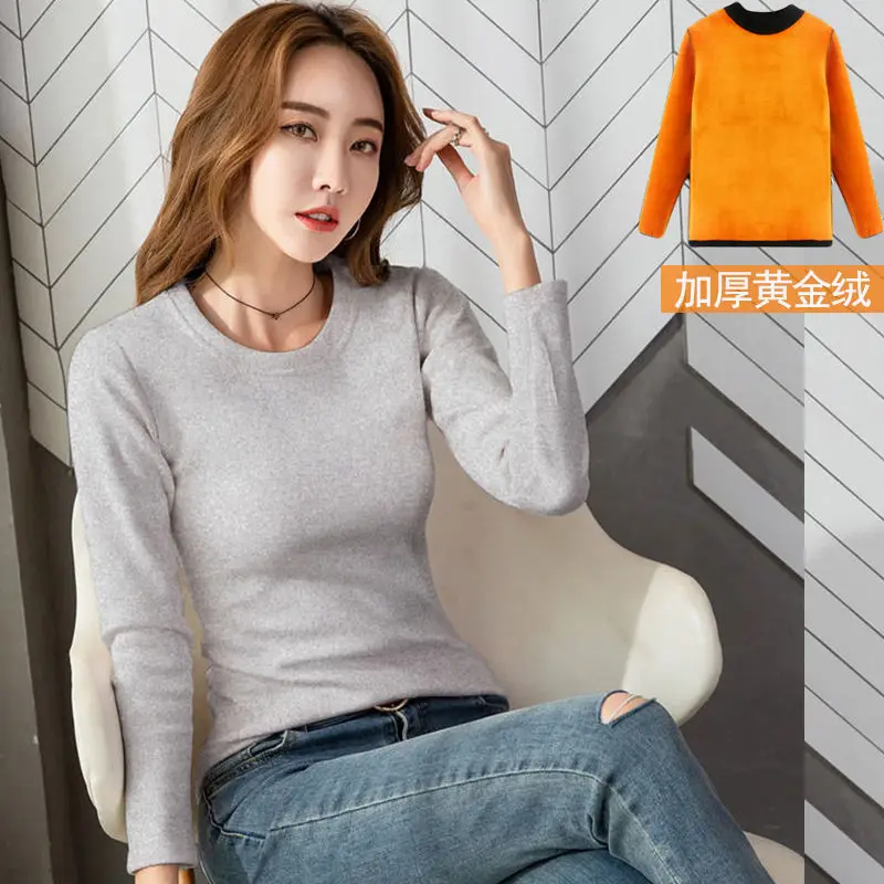 Winter Thermal Underwear Women's Thick Velvet One-piece Tops Wear Autumn Clothes Mid-high Collar Bottoming Shirt