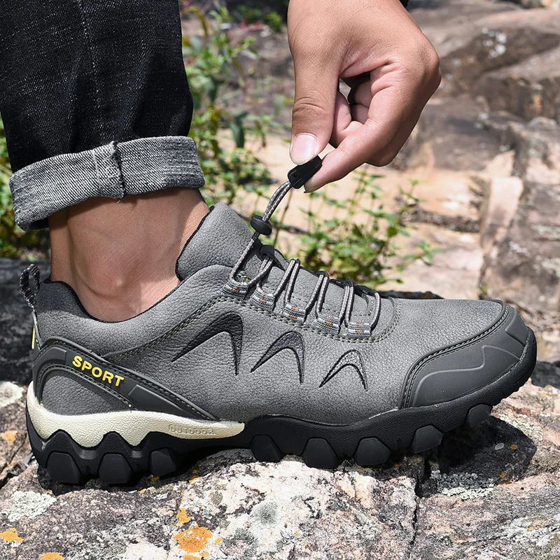 HIKEUP Outdoor Sports Anti-Collision Toe Waterproof for Men Hiking Shoes Cowhide Leather Trekking Sneakers Outdoor Jogging