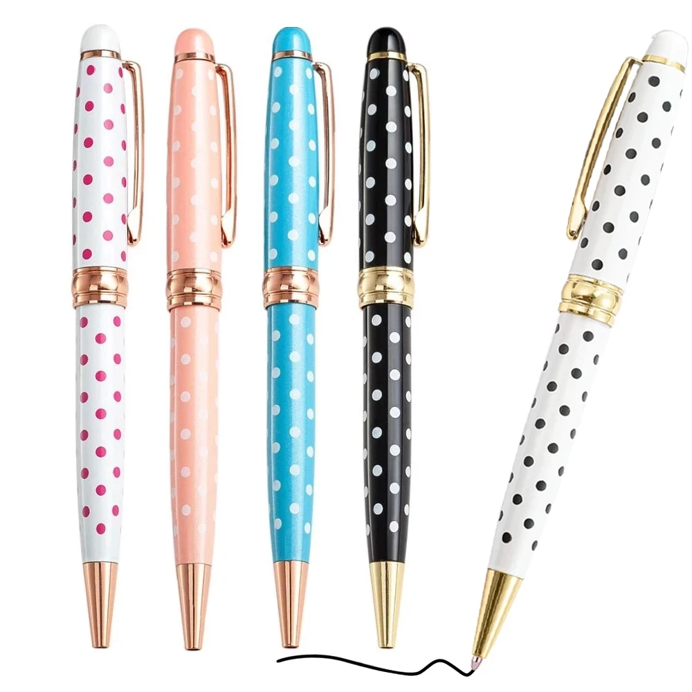 

5 Pcs Luxury Creative Dot Rotating Metal Ballpoint Pen For Girl & Women School Office Supplies Stationary Gifts Blue Black Ink