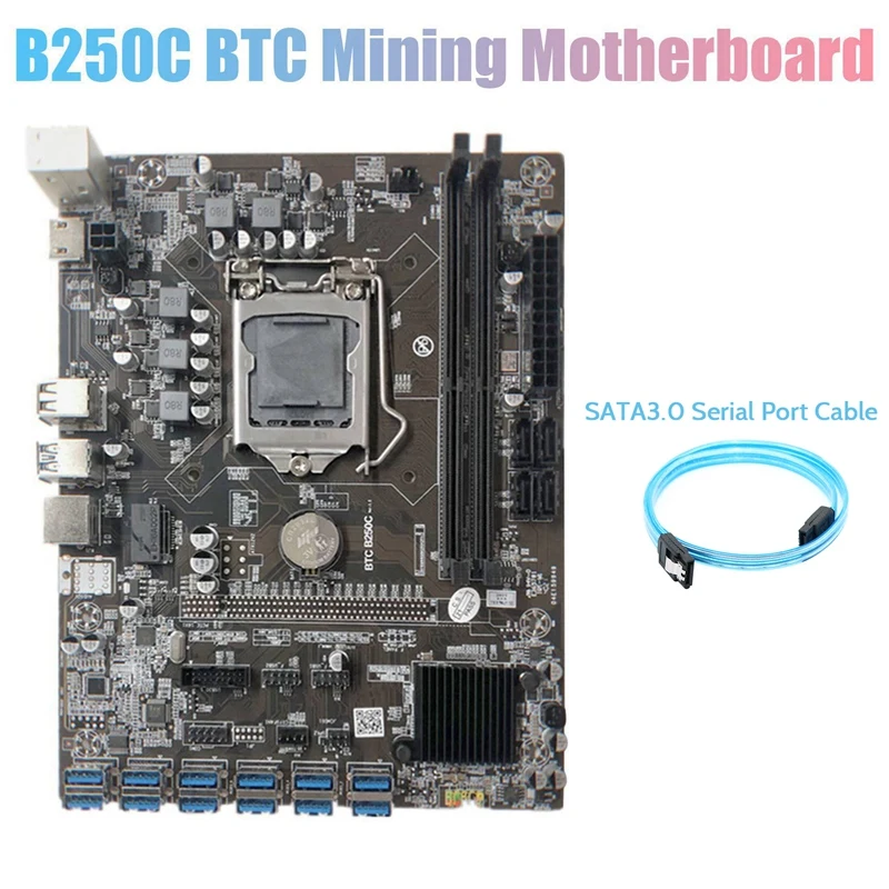 

Материнская плата для майнинга B250C + кабель с последовательным портом SATA3.0 12 PCIE к USB3.0 слот GPU LGA1151 Pin Поддержка порта DDR4 RAM для майнинга BTC