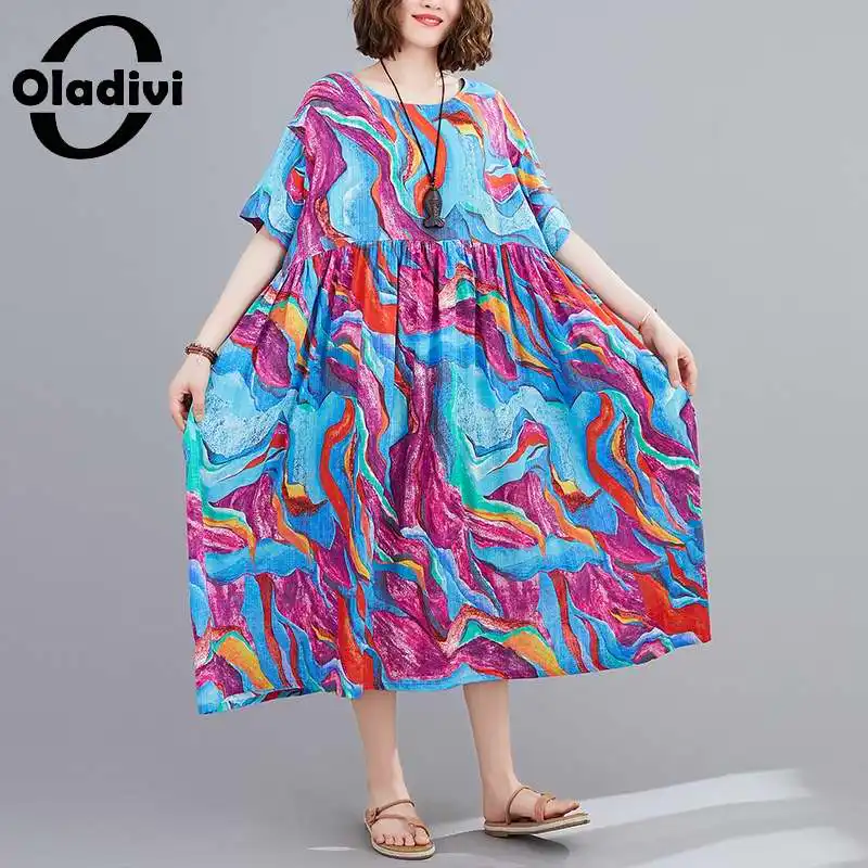 

Oladivi Oversized Print Summer Casual Loose Dress Women 2022 New Cotton Long Dresses Ladies Elegant Vintage Robe Femme Vestidios