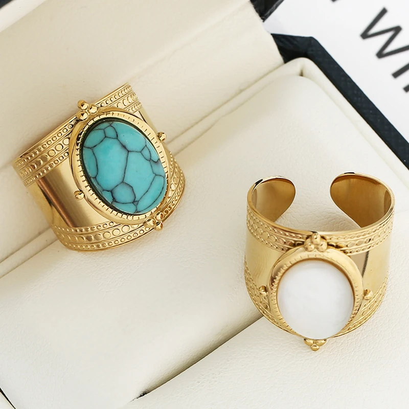 

Natural Turquoise Rings for Women Bohemian Vintage Adjustable Opening Stainless Steel Wide Rings Fashion Jewelry Female
