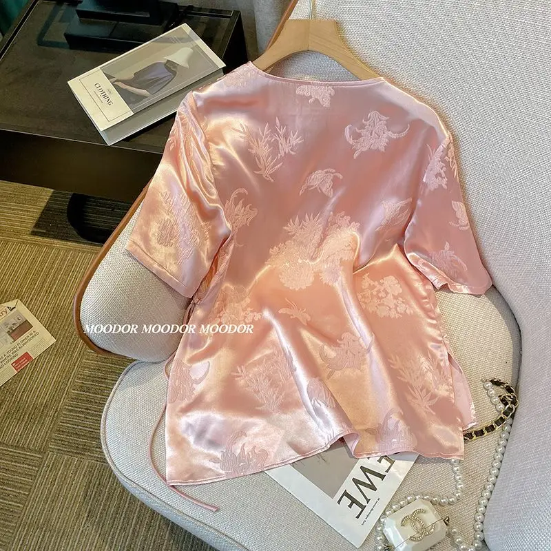 Новая рубашка в китайском стиле топ жаккардовая атласная футболка розовая