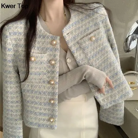 Женский твидовый пиджак, однотонный однобортный Блейзер в Корейском стиле, короткая куртка в винтажном стиле на осень, 2023