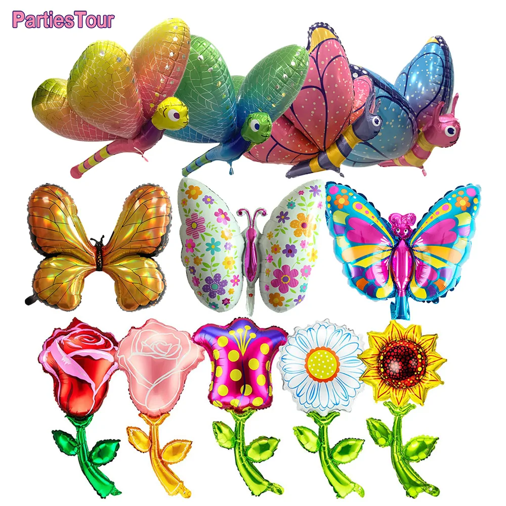 Большая Бабочка Стрекоза фольгированный шар Радужный цветок растение гелиевый