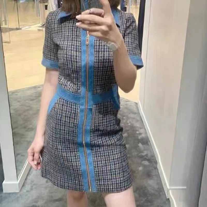 

Women Stitching Denim Turn-down Collar Tweed Short Sleeve Zipper Mini Dress