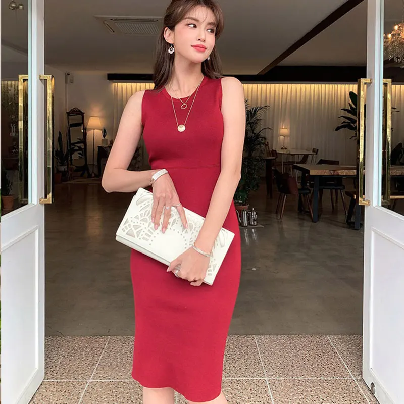 

Hot Sale Sexy Package Hip Slim Bodycon Dress Black Sleeveless Elegant Pencil Kintted Contton Dresses Summer Clothes Dress Women