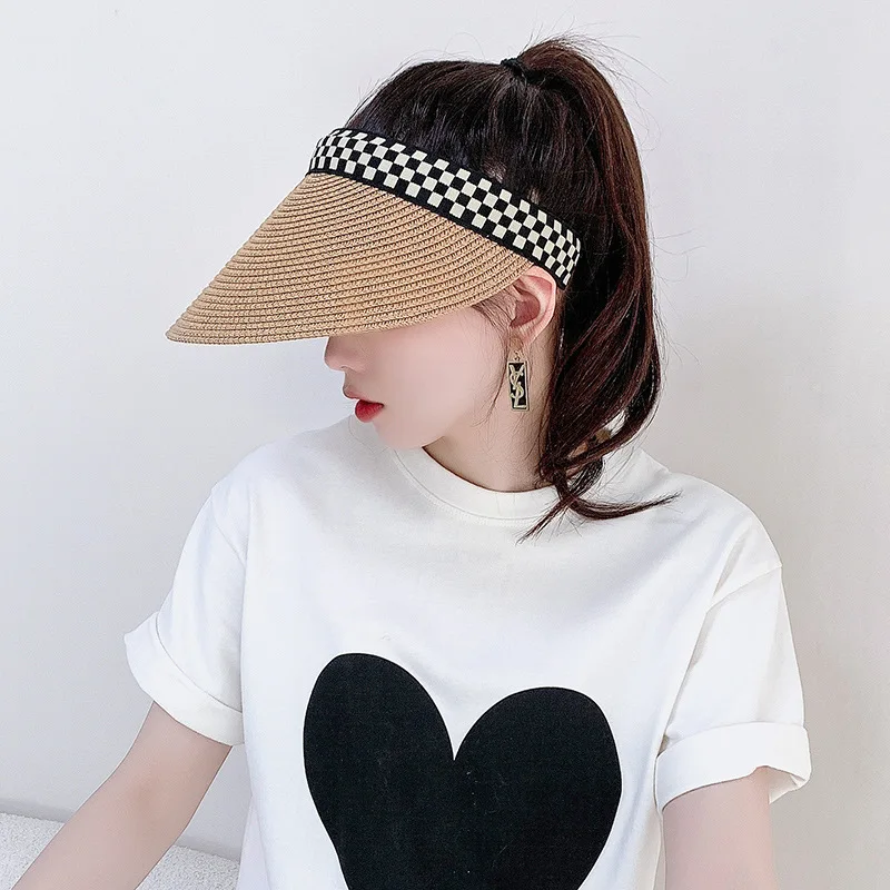 Фото Женская Шахматная соломенная шляпа черно-белая пляжная от солнца с шахматным