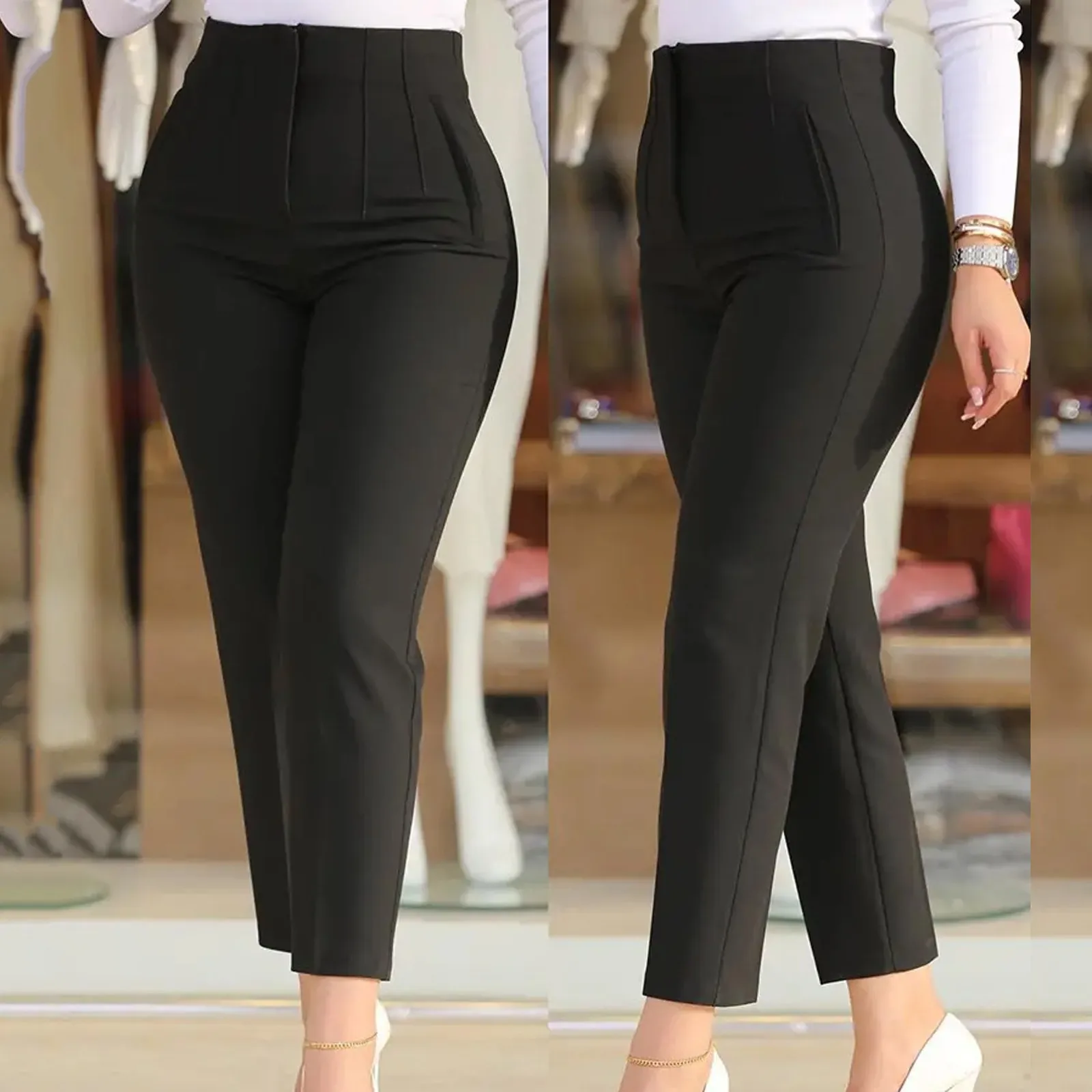 Women Black Chic Fashion Office Wear Straight Pants Vintage High Waist Zipper Fly Female Trousers Fashion 2023 Cotton Linen Pant