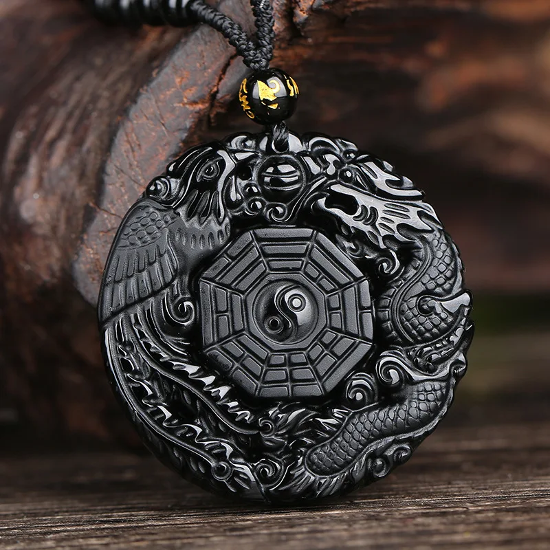 

Natural Black Obsidian Hand Carved Dragon and Phoenix Jade Pendant Fashion Boutique Jewelry Men and Women's Gossip Necklace Gift