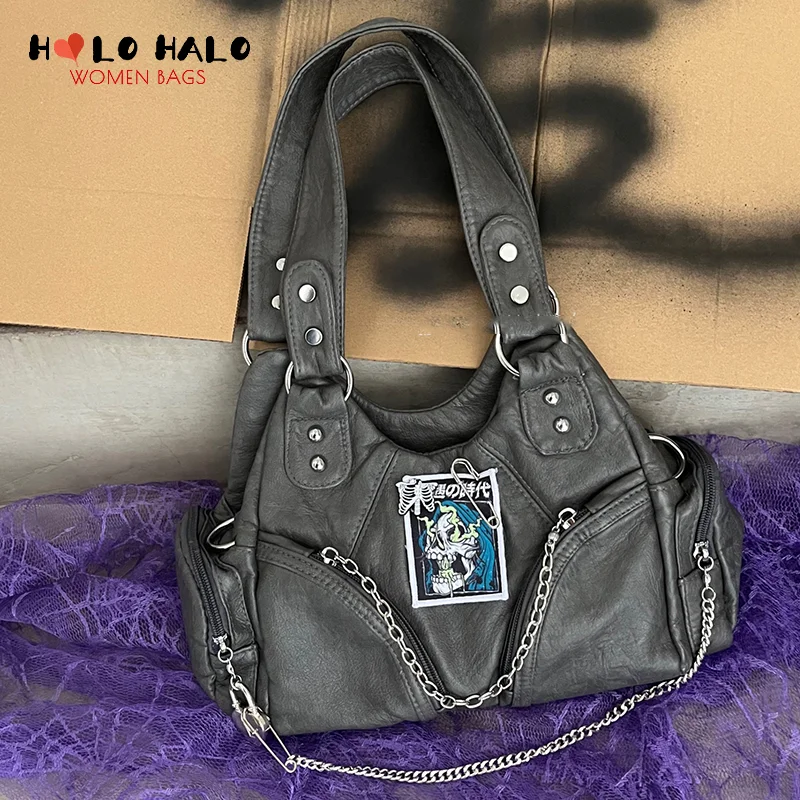 

Y2K Harajuku Skull Pin Shoulder Bag Retro Handbag and Purses for Women Personality Chain Messenger Bag Pu Leather Half Moon Bag