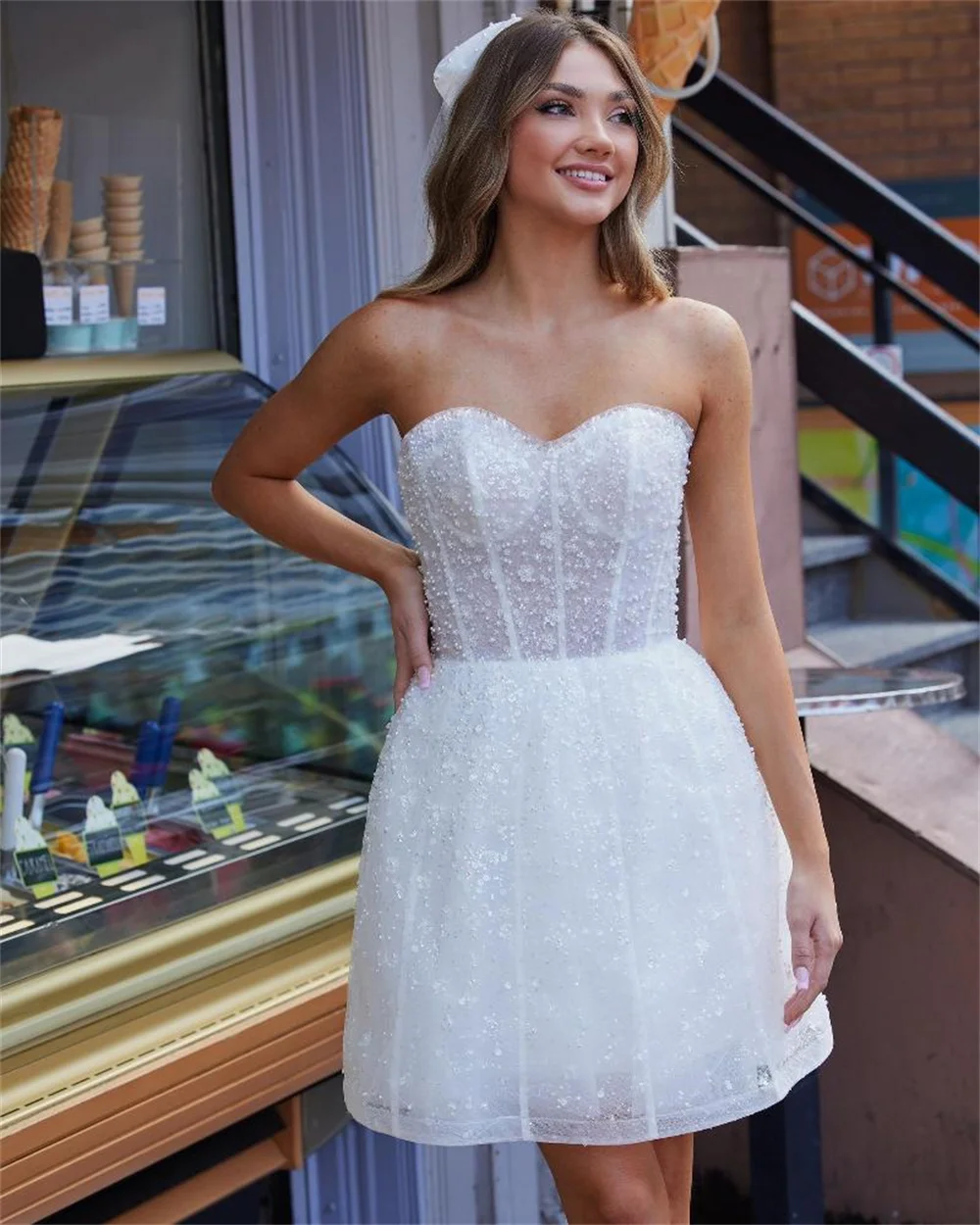 Detacable Full Pff Sleeves Shiny Sequined Sweetheart Short Wedding Dresses Custom Made Bridal Grown 2025 Vestido De Noival