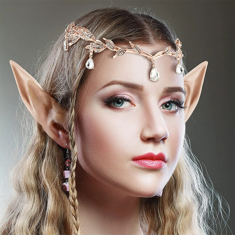 Rhinestone Leaf Wedding Crown Headband for Women Halloween Fairy Elf Ears Fashion Party Masquerade Headwear Accessories For Lady