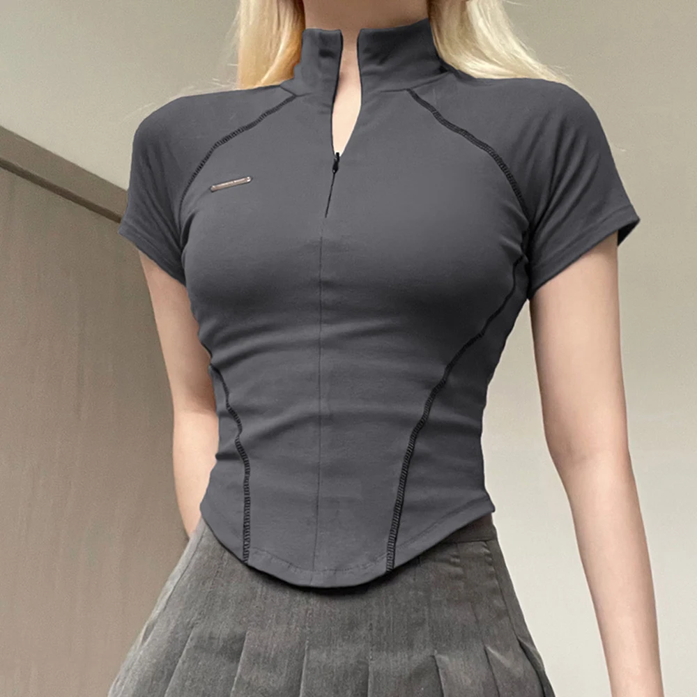 

2023 Gray Stitched Tops Women Zip Up Turtleneck Long Sleeve Skinny Casual Streetwear Tees Irregular Hem Basic Korean T-Shirt