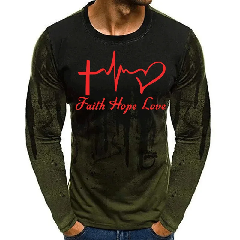 Faith Hope Love Painting Pattern T-Shirt For Men Fashion 3D Printed T Shirts Autumn Casual Loose O-Neck Tops Tees Long Sleeves