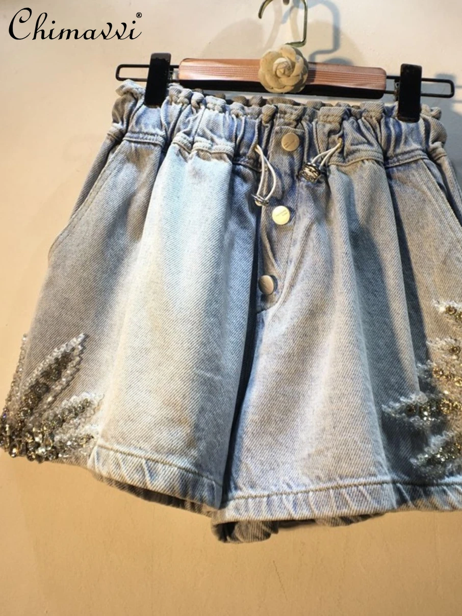 

2022 Summer New Fashion Exquisite Rhinestone Beaded Hot Pants Women's Elegant High Waist Slimming Wide-Leg Denim Shorts Women