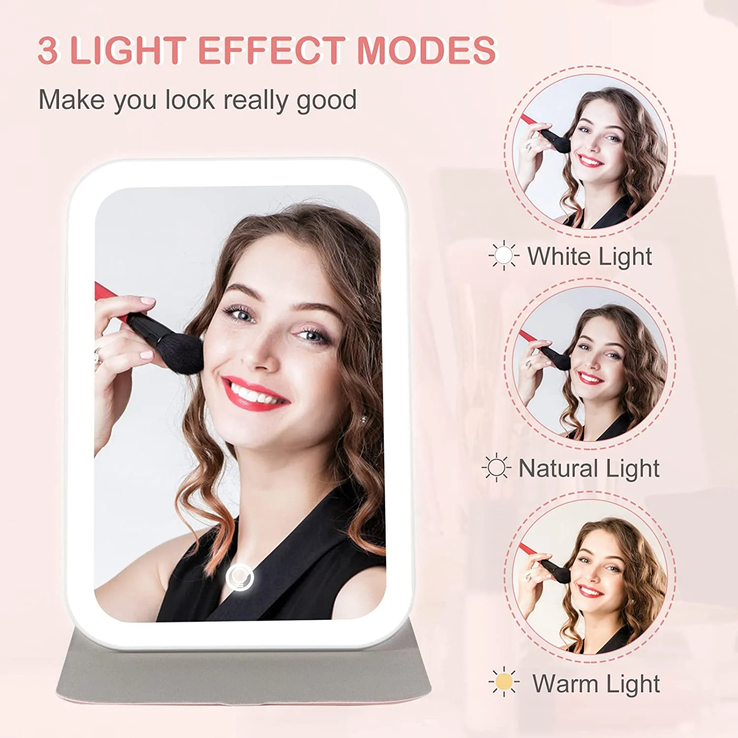 

Vanity Mirror with Lights, Travel Makeup Mirror 360° Rotation Touch Screen 3 Colors Light Modes 72 LEDs USB Rechargeable