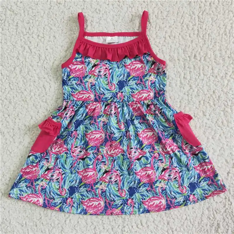 Summer Baby Girl Flamingo Twirl Dress Kids Ruffle Rose Red Pocket Slip Sleeveless Clothing Wholesale Children Toddler Clothes