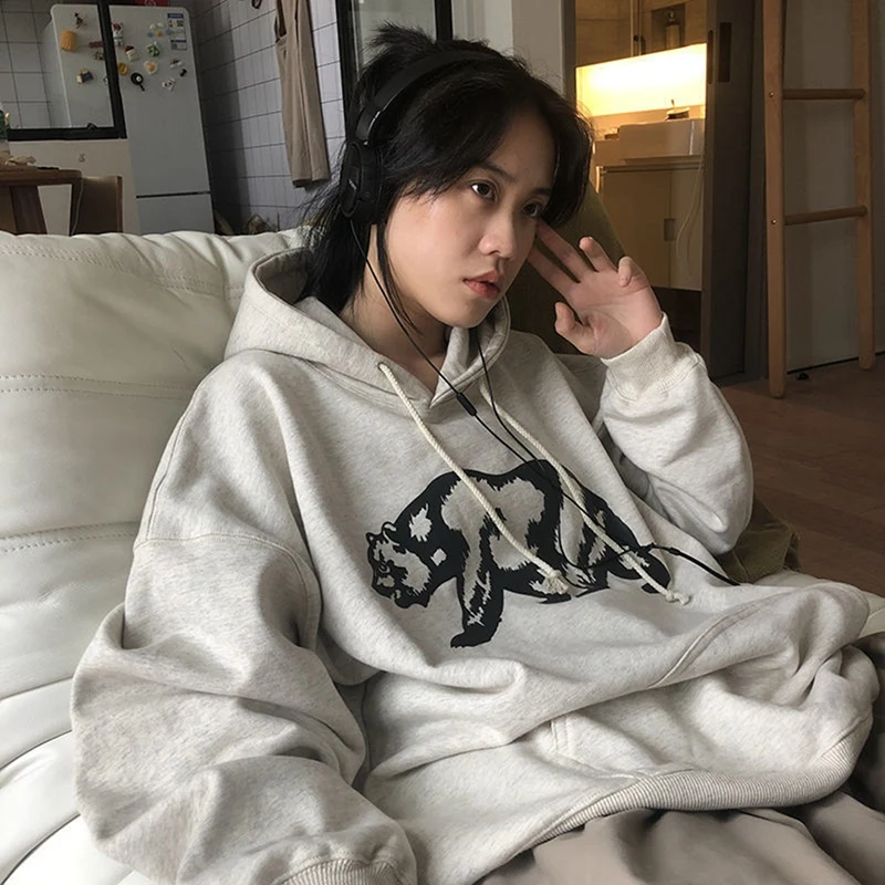 

Fashion Women's korean Casual Loose Polar Bear Pattern Hooded Pullover Sweatshirt Light Gray Loose for Men and Women clothes
