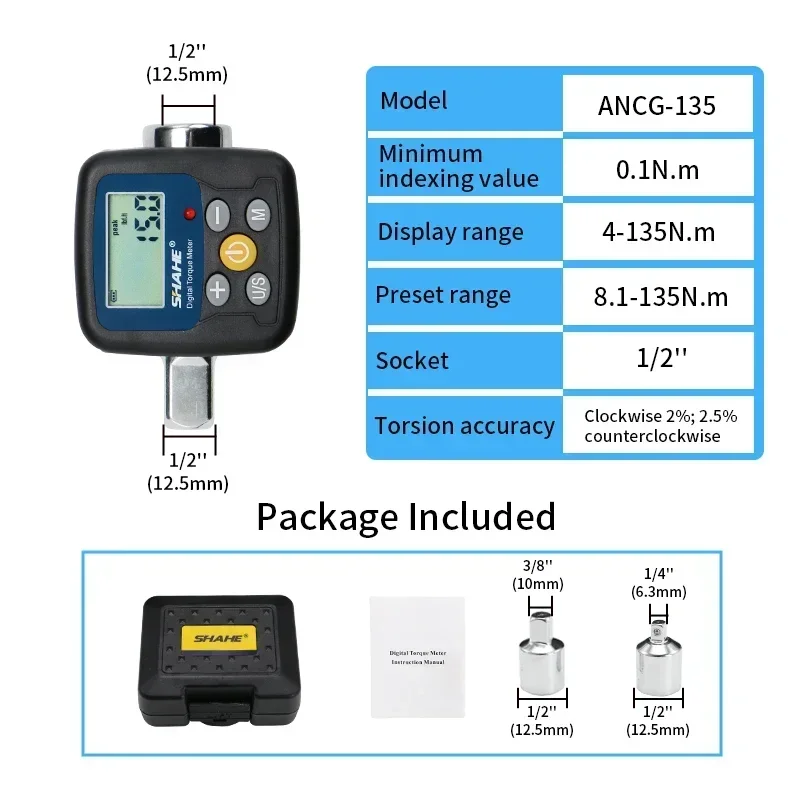 

Цифровой Динамометрический ключ Shahe, электронный динамометрический Инструмент включает в себя адаптеры 1/2 дюйма 1/4 дюйма 3/8 дюйма для автомобиля, езды на велосипеде, ремонта дома