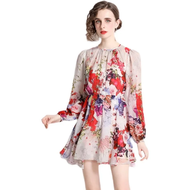 

Simgent Chiffon Print Mini Dress Woman 2022 Spring Long Sleeve Elastic Waist One Neck Short Dresses Vestidos Jurken SG23109