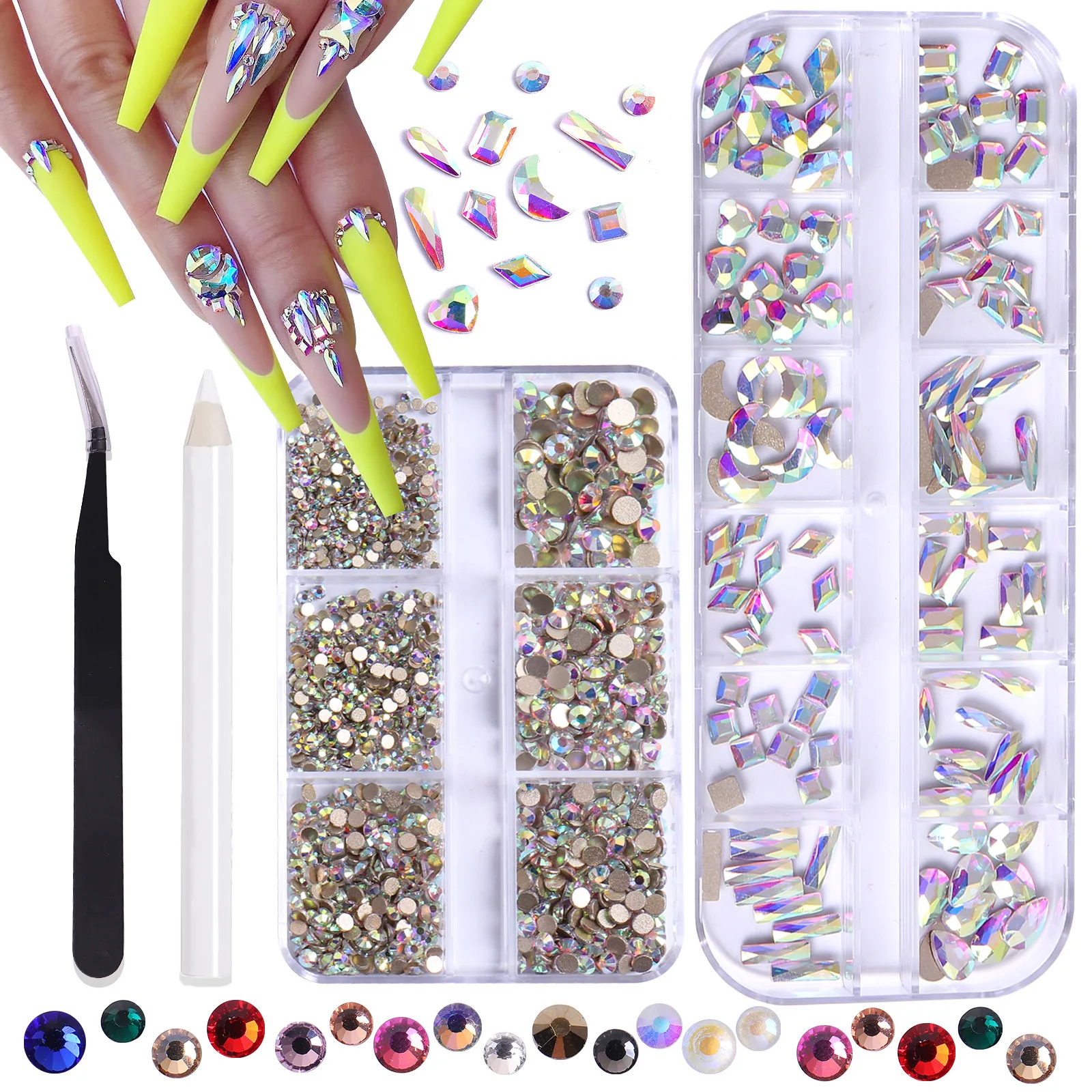 

2 Boxes Multi Shapes 3D Glass AB Crystal Nail Art Rhinestones Kit with Flatback Round Charms Gem Stone with Pickup Pen + Tweezer