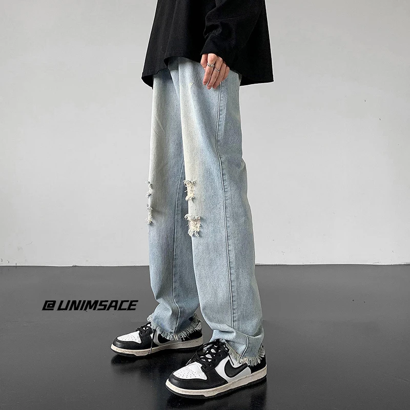 White Blue Black Ripped Jeans Men Fashion Casual Straight Jeans Men Streetwear Hip-hop Loose Hole Denim Pants Mens Trousers
