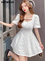 luxury embroidery jacquard mini dresses for women summer elegant square collar puff sleeve slim runway mini party dress