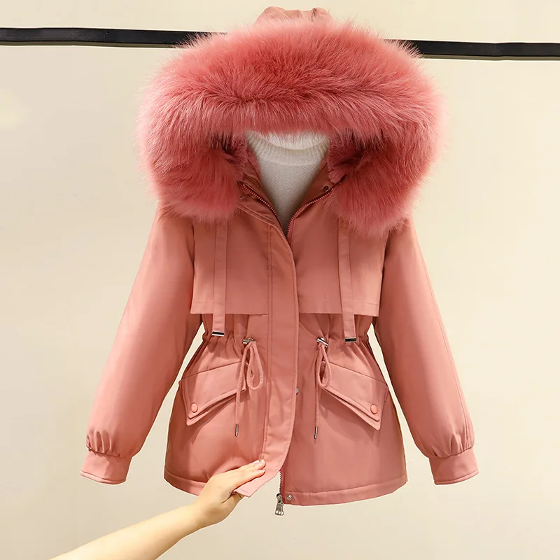 Cotton Padded Parkas Woman Winter 3XL Big Fur Thicken Jacket Women Loose Warm Fur Liner Hooded Outwear Jackets and Coats