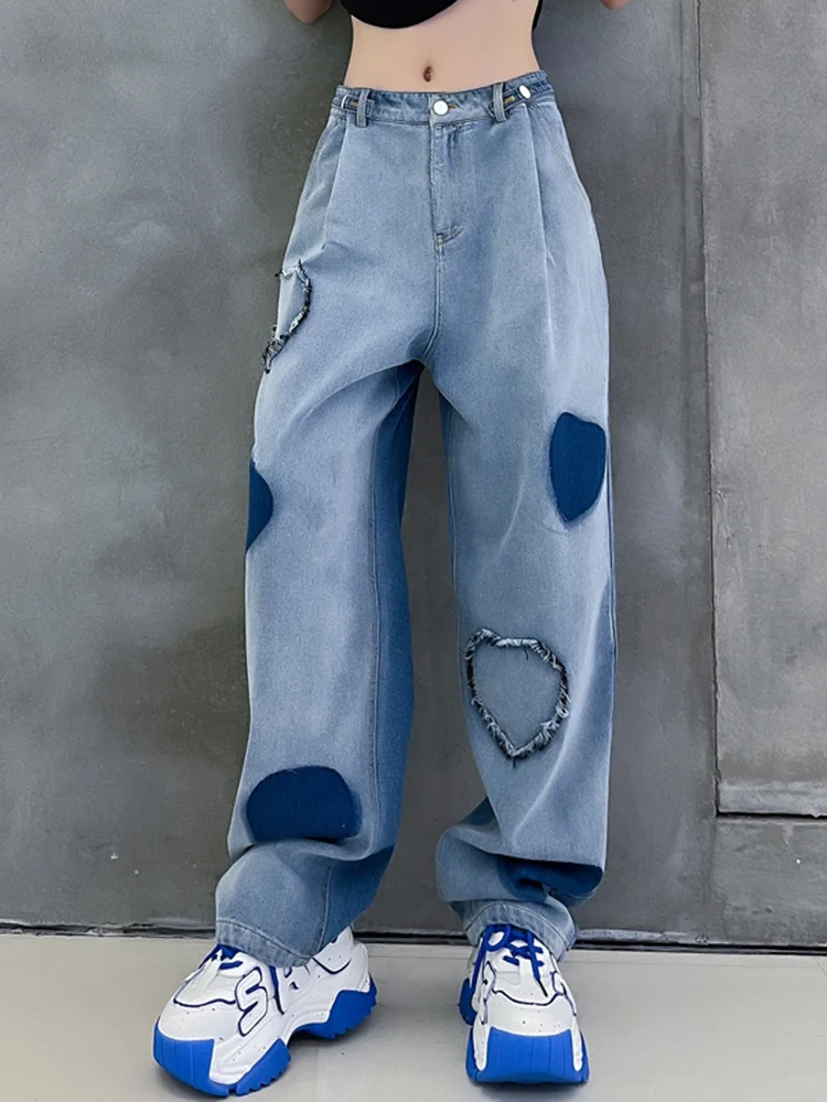 High Waist Blue Denim Long Color-block Wide Leg Jeans New Loose Women Trousers Fashion Tide Spring Autumn 2022 M778