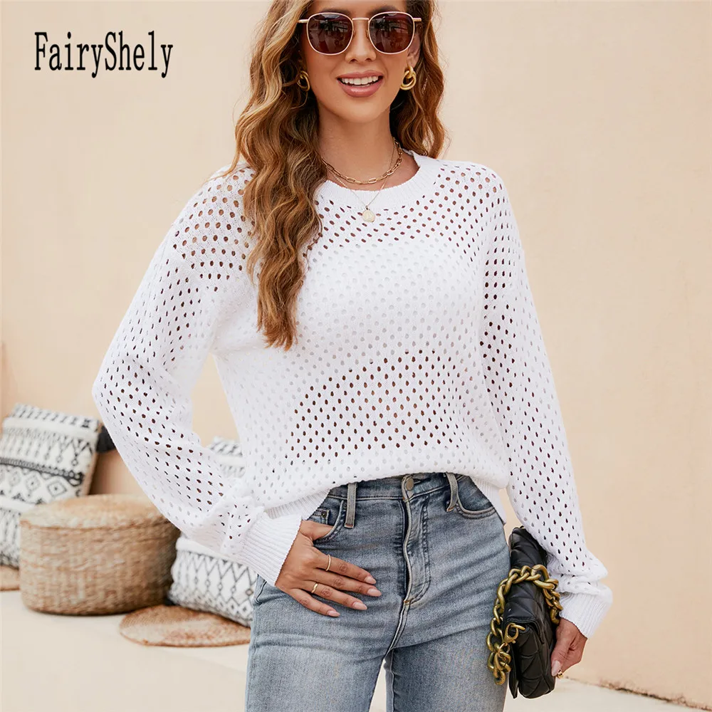 Fairyshely 2024 сексуальный однотонный вязаный свитер с вырезами для женщин пуловер