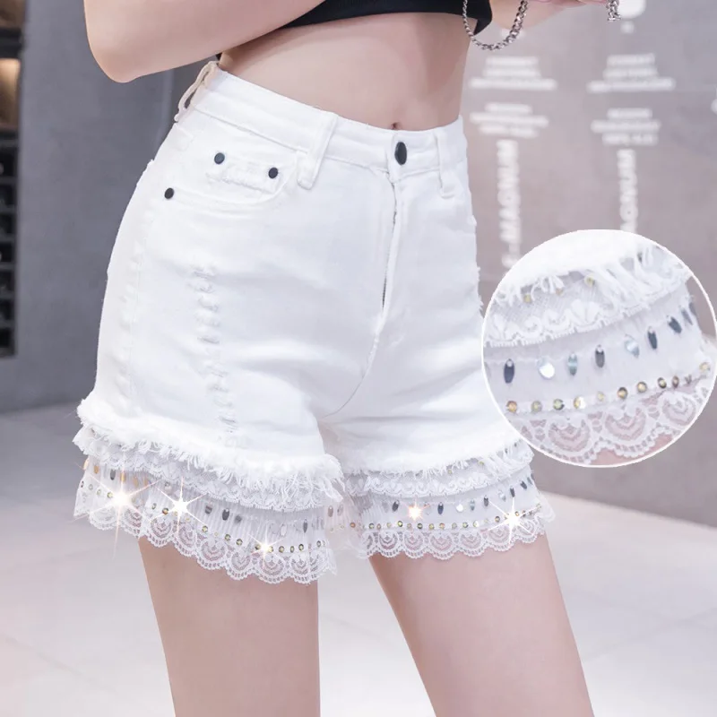 Casual Loose Jeans High Waist Pearl with Diamond Denim Shorts Women Summer Lace Female SequinTassel Denim Hot Pants Clothing