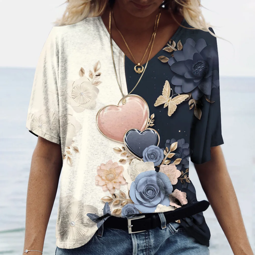 Fashion women's T-shirt 3d butterfly Print summer clothing oversized women's T-shirt V-neck short sleeve outdoor sports top