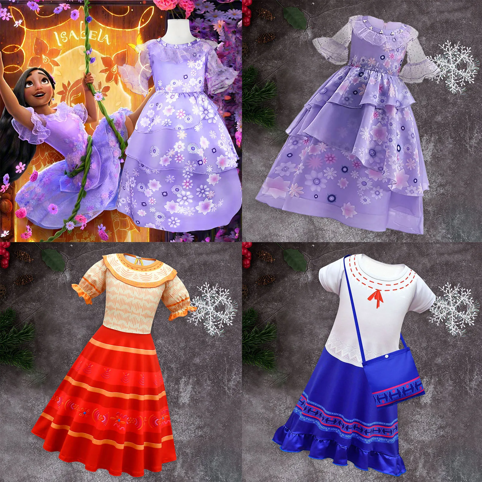 

En-canto Mirabell Isabella Madri-gal Costume With Flower Band Princess Dress For Girls Carnival Party Tulle Gown Kids Clothes