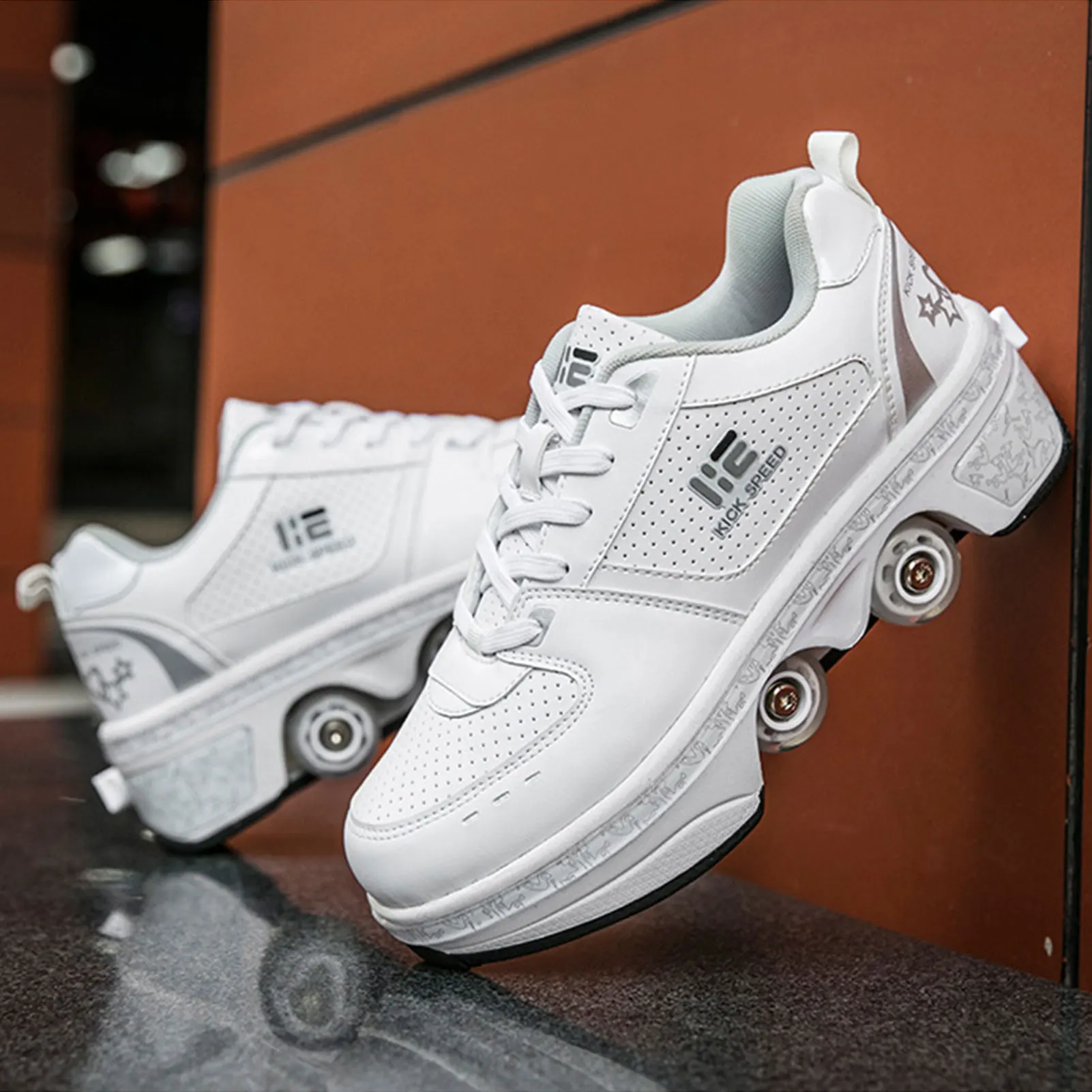 Portable Deformation Roller Skate Shoes Parkour Roller Shoes Sneakers With Four Wheels Running Shoes ​For Unisex Children Shoes