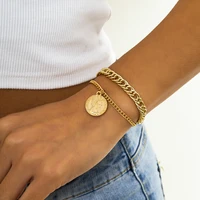 bohemian punk vintage gold color cuban thick chain pearl bracelets for women coin charm bangle bracelets 2022 fashion jewelry