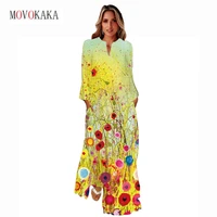 movokaka spring autumn woman vintage long sleeve dress elegant party holiday beach casual vestidos 3d print v neck long dresses